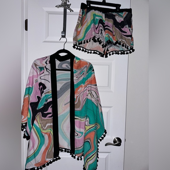 Trina Turk Swimsuit Cover Up Kimono Multi Color Beach Shorts Tassel Pool Vaca Sm - Picture 7 of 7